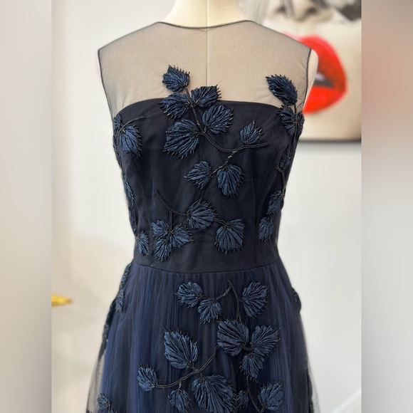 Carolina Herrera Navy Beaded And Appliqued Tulle Mid Length Dress